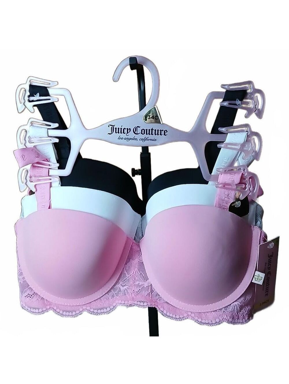 Juicy Couture 3 Pack Multi-Way Push Up Bras 34C Pink Black White JC7546 NWT